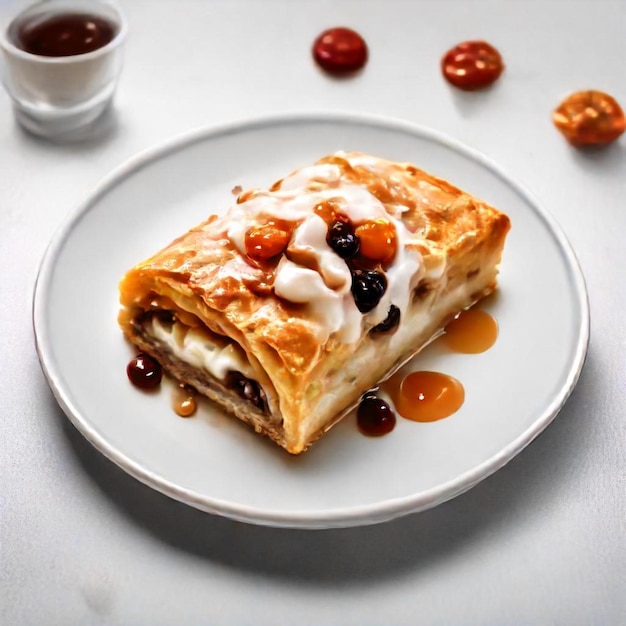 a plate with a pastry on it that has berries on it