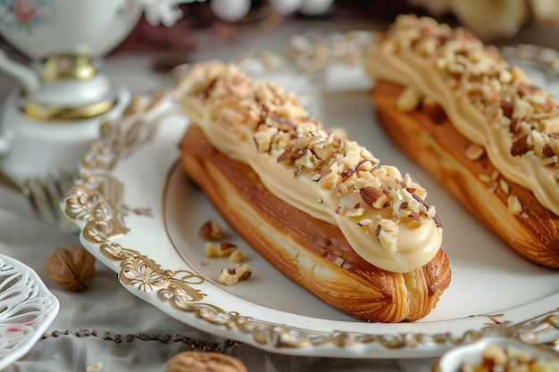 Photo a plate with a pastry on it that has nuts on it