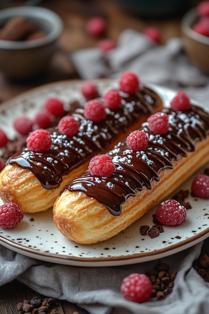 Photo a plate with a pastry and raspberries on it