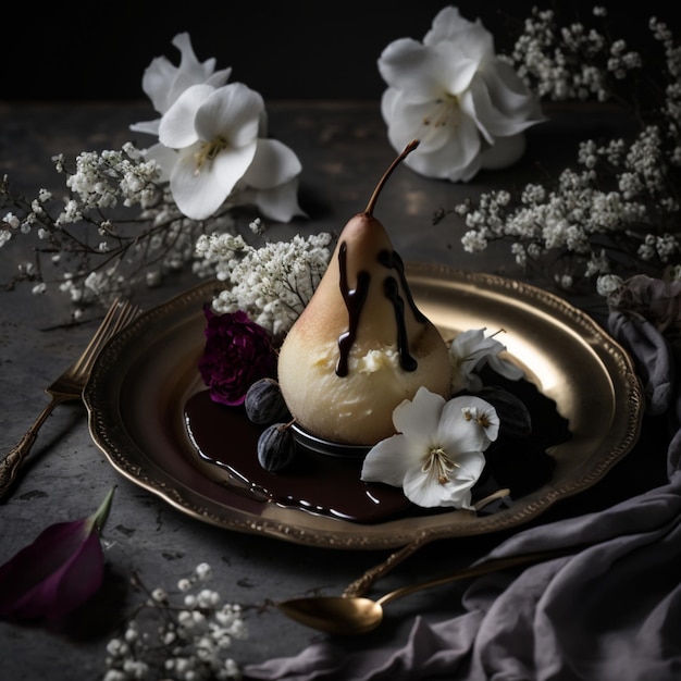 A plate with a pear on it with chocolate sauce and flowers on it