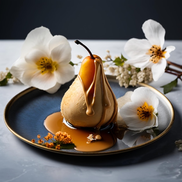 A plate with a pear and some flowers on it