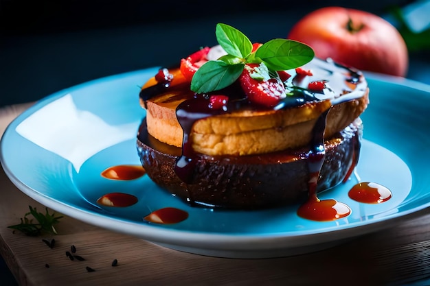 a plate with a piece of cake and some fruit on it