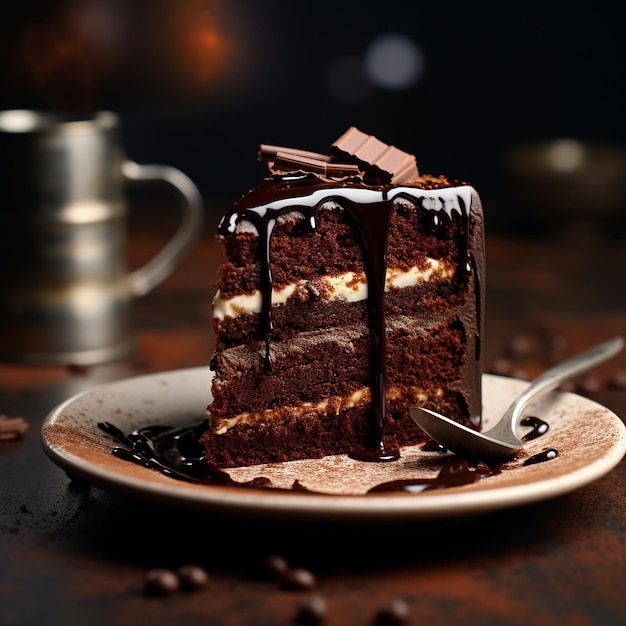 a plate with a piece of chocolate cake on it and a fork on it