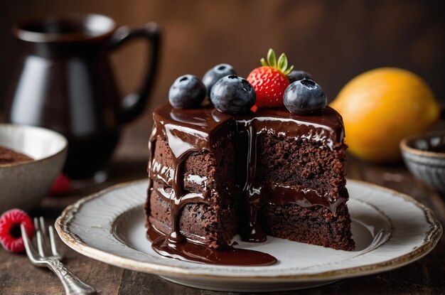 Plate with a piece of delicious homemade chocolate cake on the table