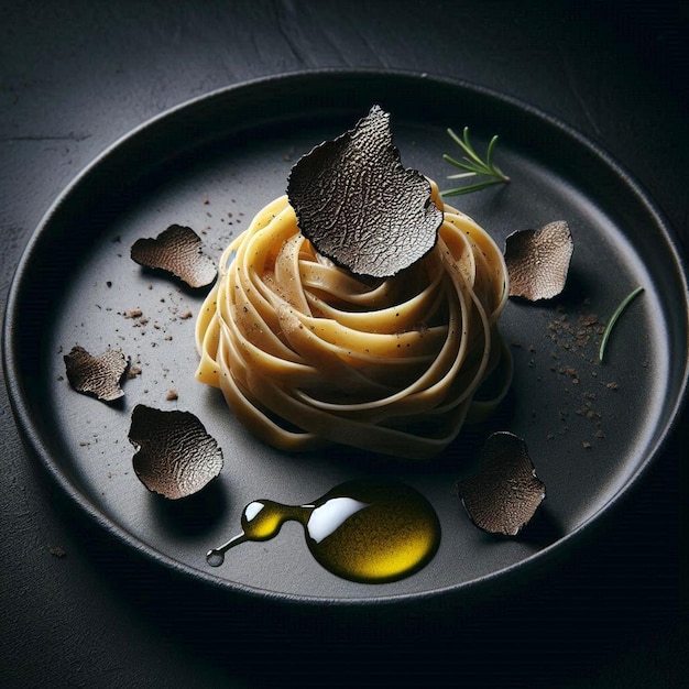 a plate with a plate of spaghetti and a bottle of oil