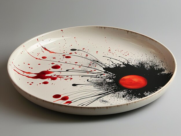 Photo a plate with a red dot on it has a black and white painting on it