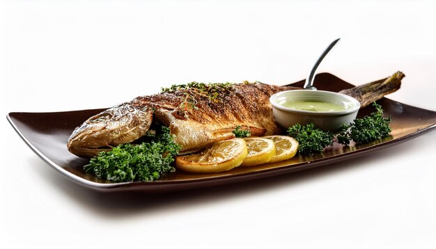 Photo plate with roasted fish served with herbs and sauce