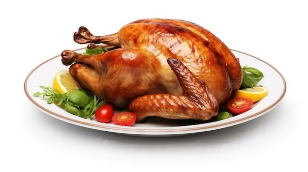 Plate with roasted turkey on white background