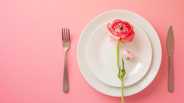 a plate with a rose on it and a fork on it