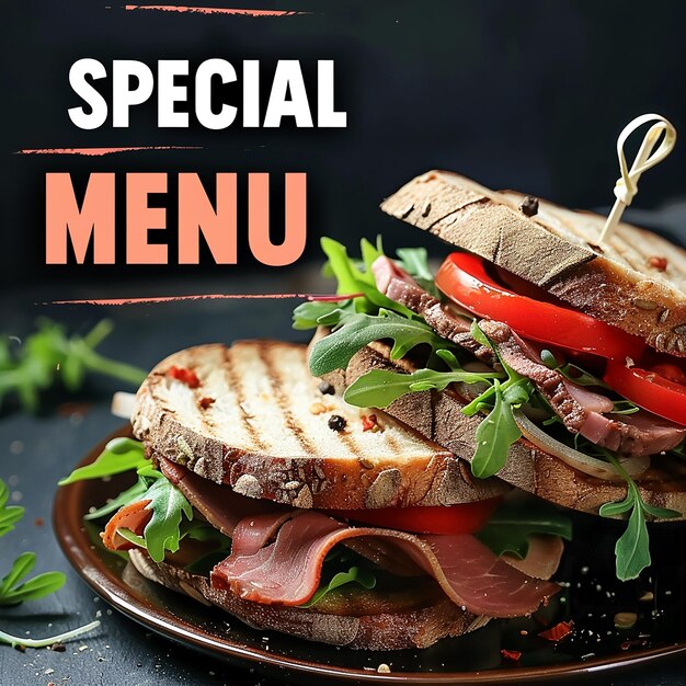 Photo a plate with a sandwich that says special menu