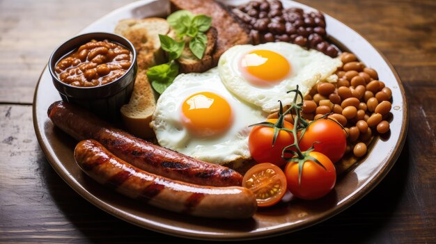 A plate with sausage beans and eggs english breakfast