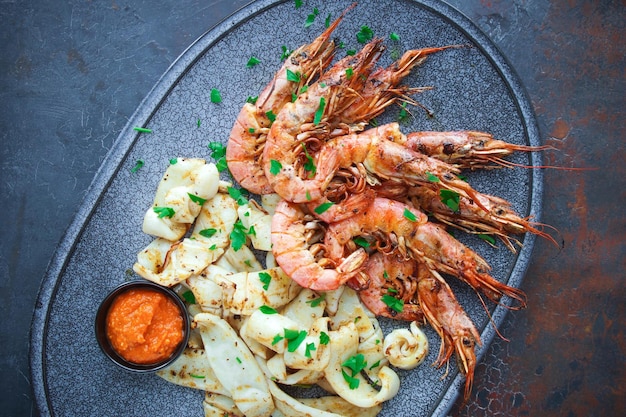 Plate with seafood, King prawns and squid, Fish menu in the restaurant, Dark background