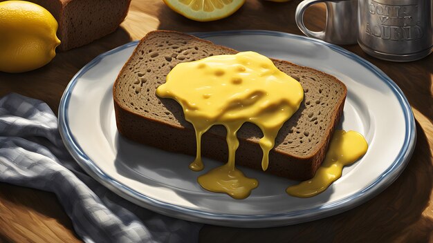 Photo a plate with a slice of bread and a cup of mustard on it