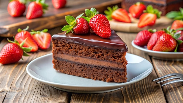 a plate with a slice of chocolate cake and strawberries on it