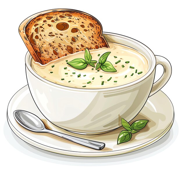 plate with slice of sourdough bread and bowl of soup illustration for kids