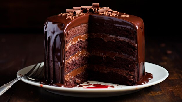 Plate with slice of tasty homemade chocolate cake on table