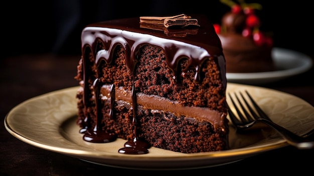 Plate with slice of tasty homemade chocolate cake on table