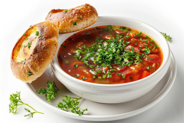 Plate with soup ukrainian borsch on white background