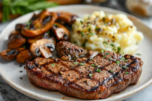 Plate with steak mushrooms and mashed potatoes