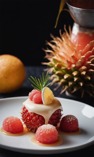 a plate with a strawberry and a pineapple on it