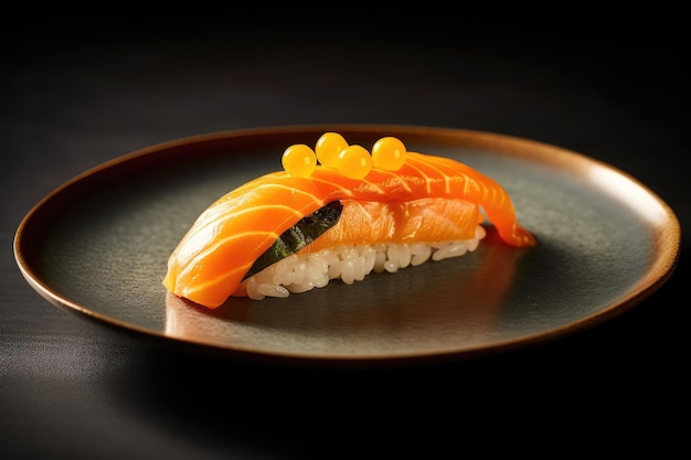 A plate with a sushi on it with a crown on top of it.