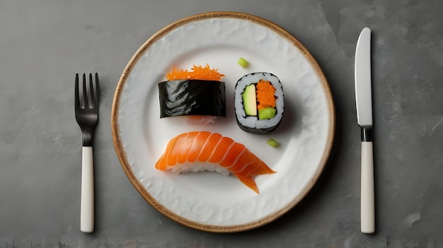 Photo a plate with sushi and sushi on it