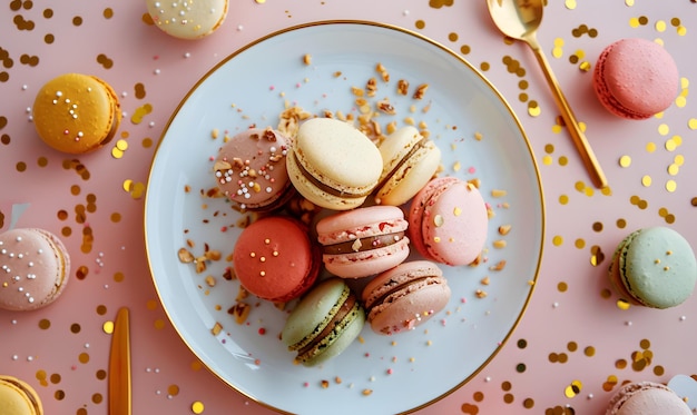 Photo plate with tasty macarons on table served for party