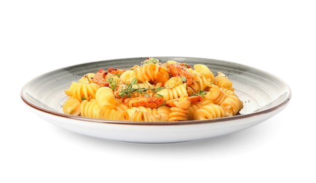 Plate with tasty pasta and chicken