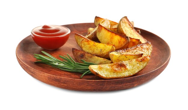 Photo plate with tasty potato wedges and tomato sauce