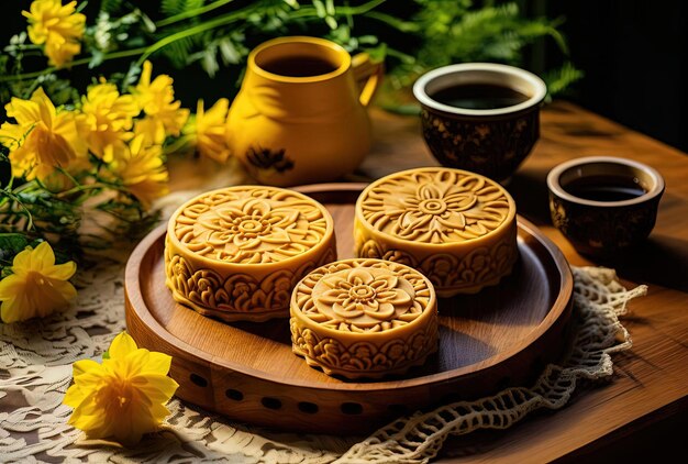 a plate with tea is arranged three round cakes carvings on the side in the style of chinapunk