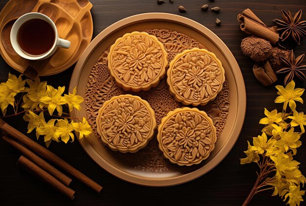 a plate with tea is arranged three round cakes carvings on the side in the style of chinapunk