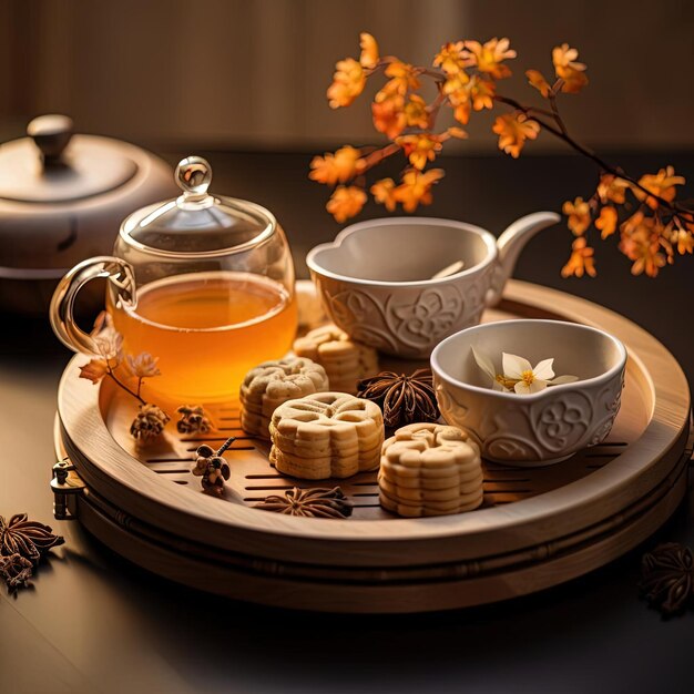 a plate with a teacup cakes on it in the style of carved wood blocks