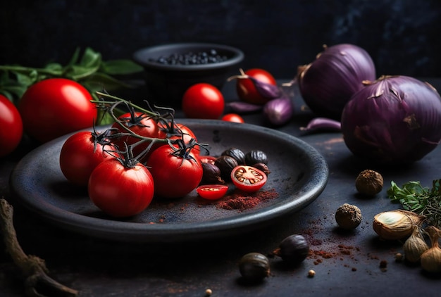 A plate with tomatoes onions spices and herbs