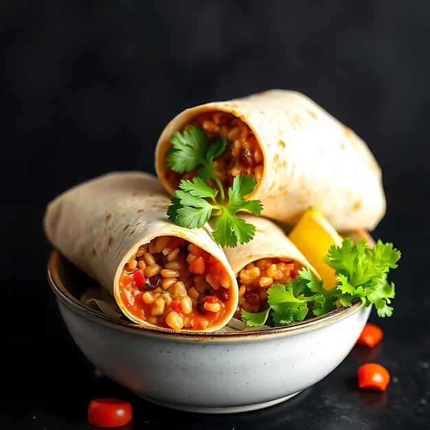 a plate with two burritos and beans and a lemon