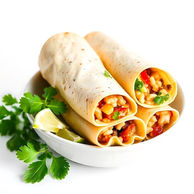 a plate with two burritos and a bowl of parsley