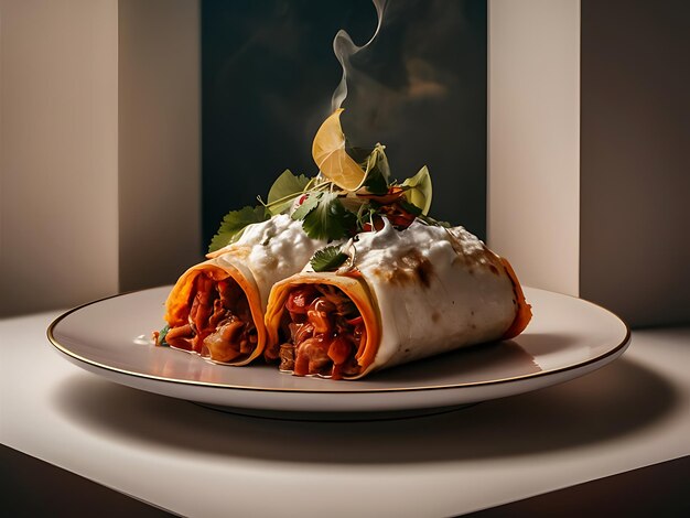 Photo a plate with two burritos on it and a green leaf on the side