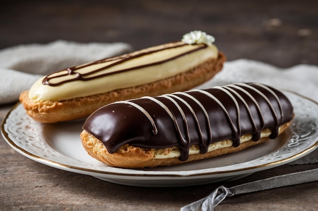 a plate with two donuts and a chocolate covered donut