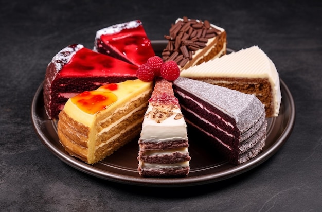 a plate with a variety of desserts on it including one of the slices of cake