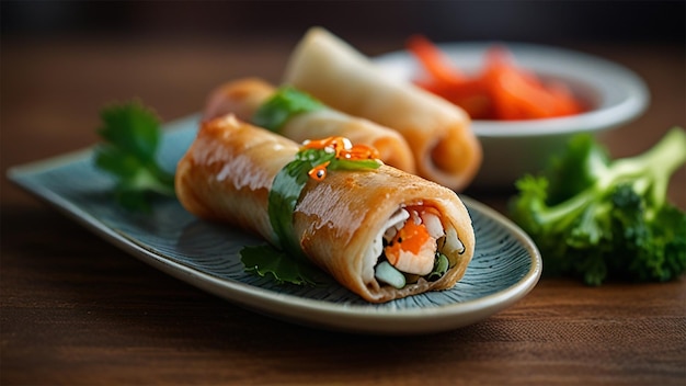 a plate with a variety of food including carrots and a roll with a green leaf