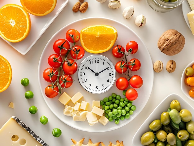 Photo plate with various healthy foods and a clock signifying intermittent fasting