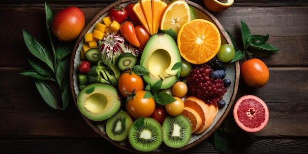 Plate with vegetables and fruits on wooden table Healthy food top view