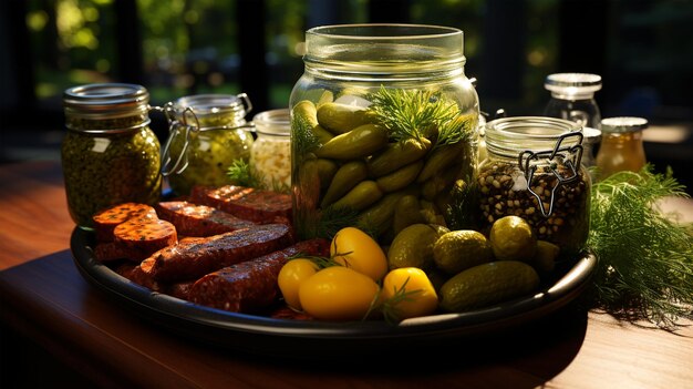 Plate with vegetables sausage cheese olives on a dark background in a restaurant rustic style