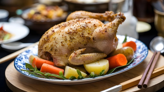 a plate with whole cooked chicken on the plate