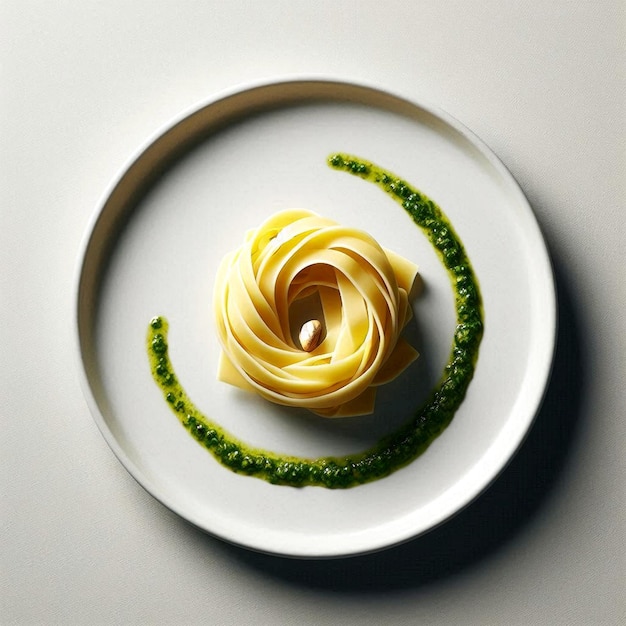 a plate with a yellow flower and green topping on it