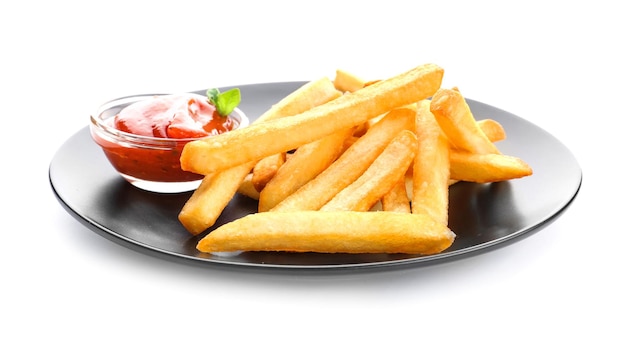 Plate with yummy french fries and sauce on white background