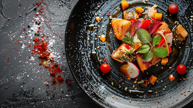 Photo a plated dish of roasted salmon with vegetables