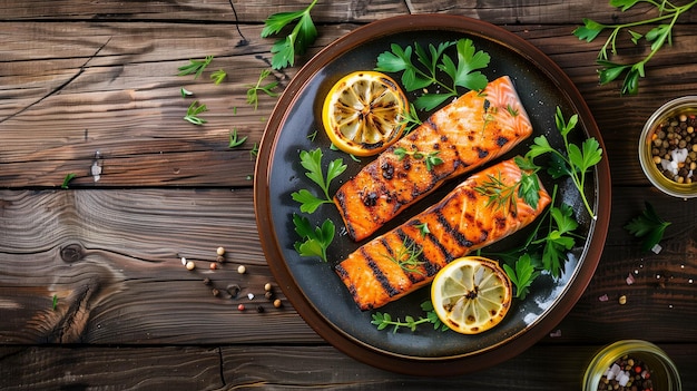 plated grilled salmon dish garnished with lemon slices