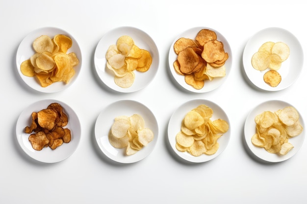 Plates potato chips top view Fried snack Generate Ai