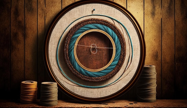 Plates on a shelf with a blue ring on the middle.