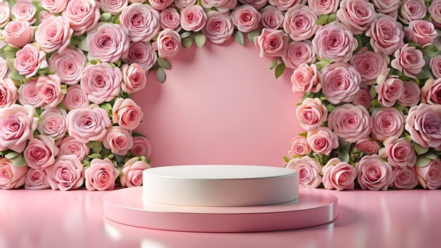 platform for product demonstration against a background of roses pink colours